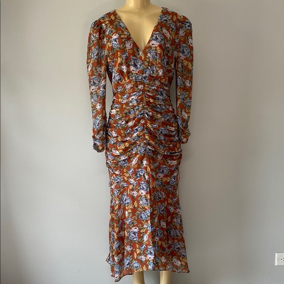 Floret Studios Floral Ruched Long Sleeve Dress Size L - Picture 3 of 10